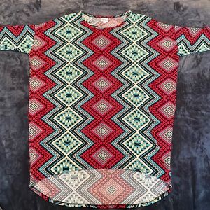 LuLaRoe Irma Tunic: Black/White/Red/Teal Diamond Design (M)
